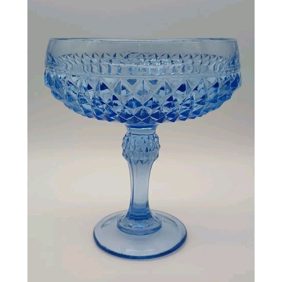 Vintage Blue Diamond Point Glass Compote 7.5 Inches Tall | Indiana Glass Company - Picture 1 of 6